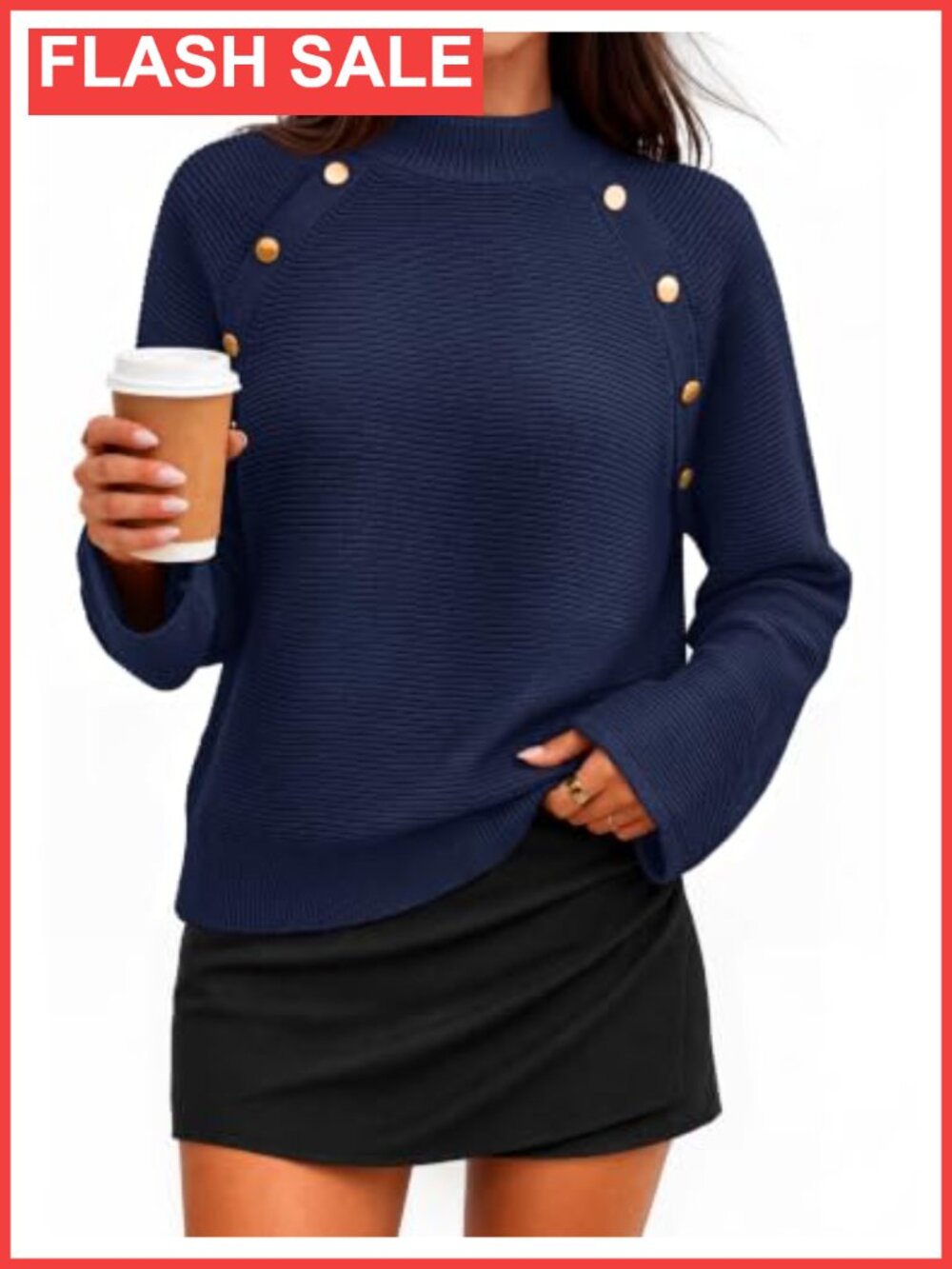 Mock Neck Ribbed Knit Pullover Sweater Gold Button Shoulder